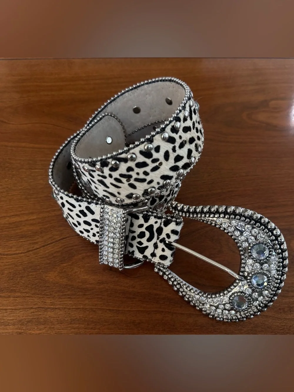 Christine Alexander Leopard Haircalf Rhinestone Western Belt Crystal Buckle Y2K
